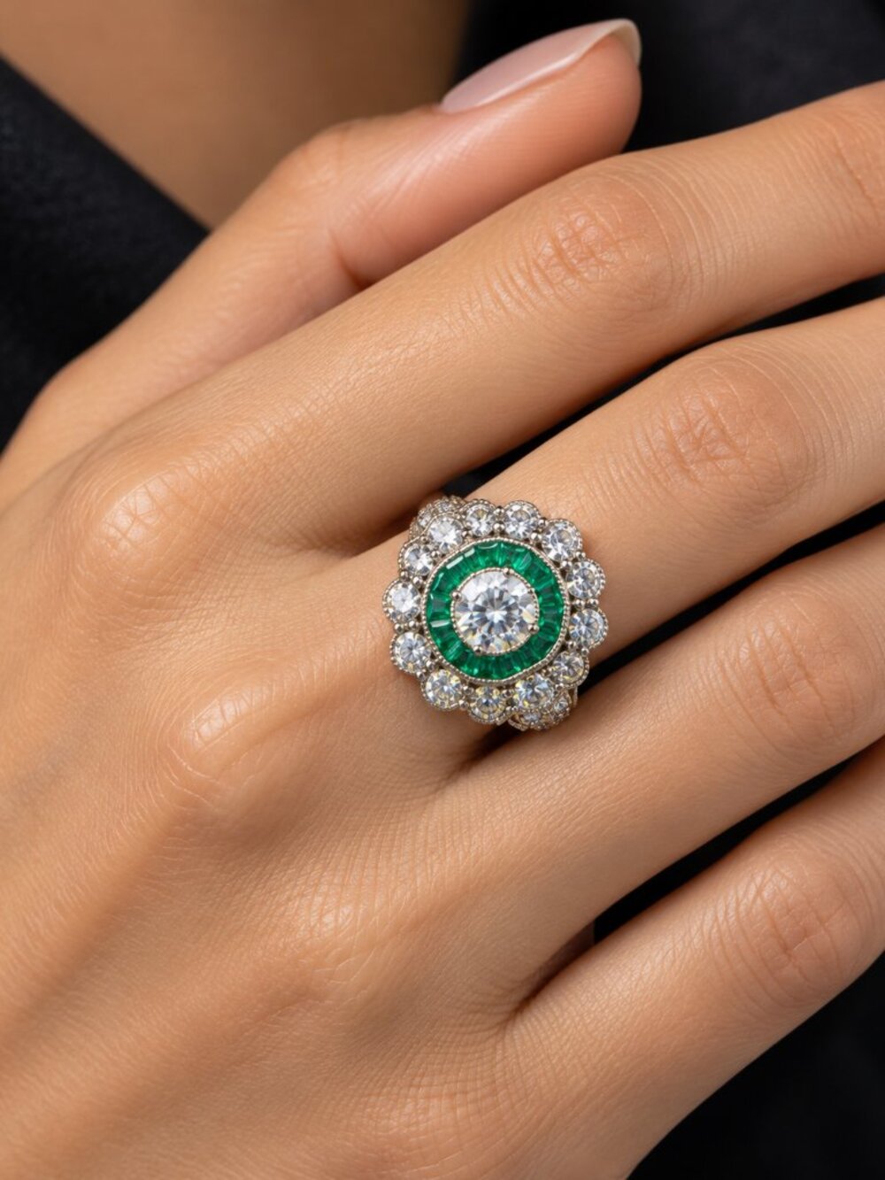 S925 Sterling Silver Green Target Ring Clear Stone Halo Size 9.75-10